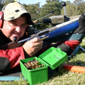 Geoff Grenfell from Bendigo on the final 1000 yard range at Belmont during the national rifle championships where he clinched his 8th Queen’s Prize title.